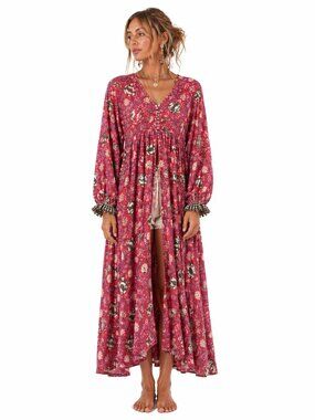 JodI Pink Boho Block Print Cotton Dress Kimono Style Size Large festival